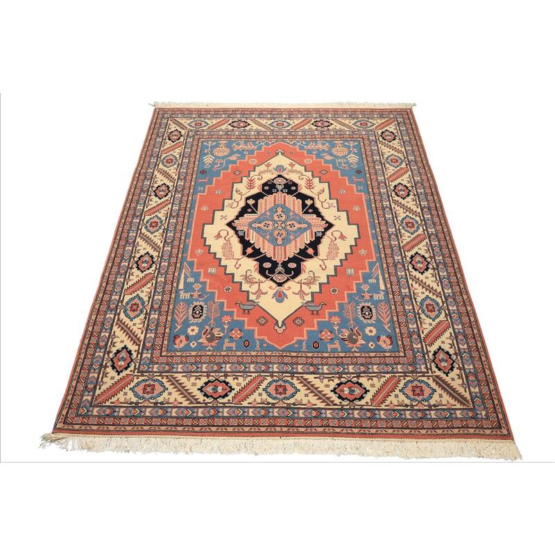 7'11''x10 Hand Knotted Wool Salmon Heriz Traditional Medallion Area Rug - 7' 11'' x 10'
