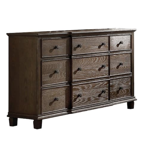 Nine Drawer Dresser with Round Knobs Side Metal Glide in Weathered Oak Finish