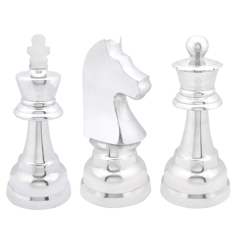 Aluminum Metal Chess Sculpture with Knight, Queen and King - Set of 3 Silver, Gold, Dark Gray - CosmoLiving by Cosmopolitan - Silver