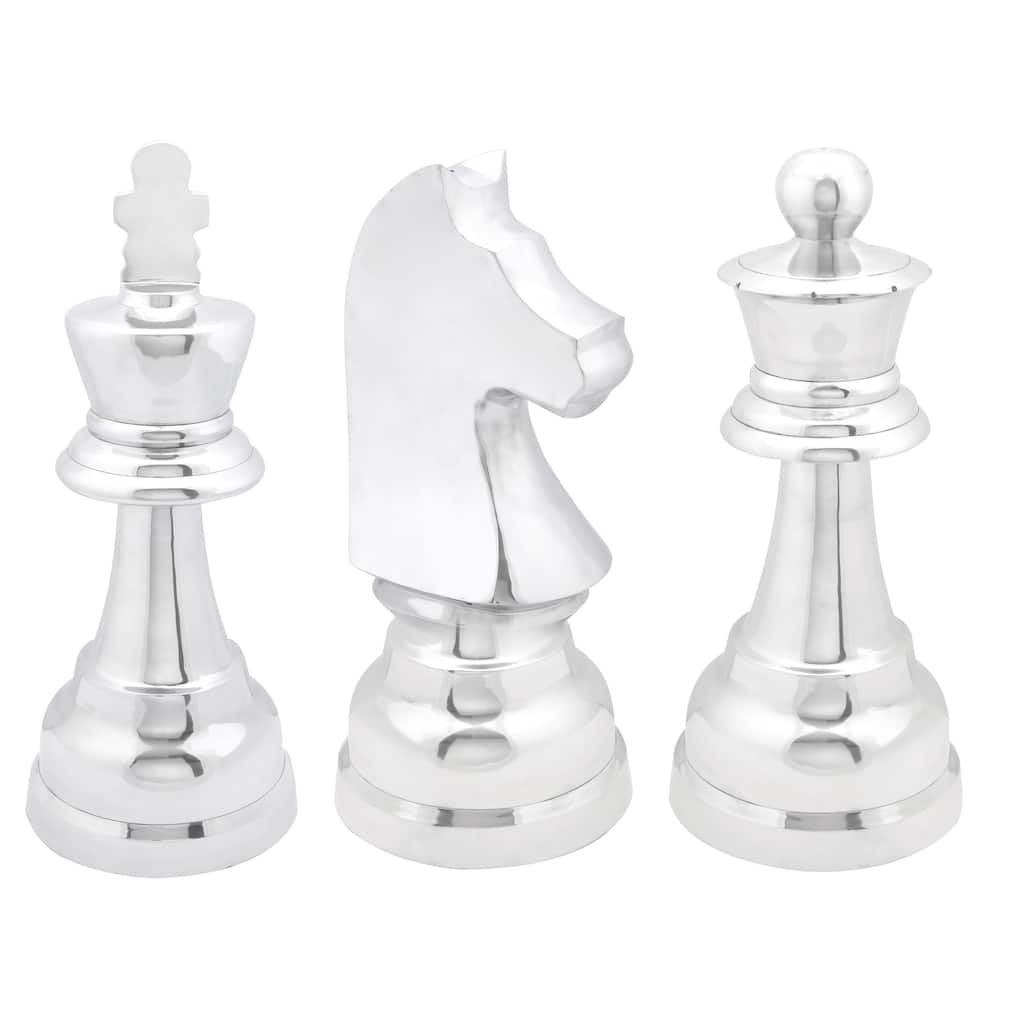 Aluminum Metal Chess Sculpture with Knight, Queen and King - Set of 3 Silver, Gold, Dark Gray - CosmoLiving by Cosmopolitan