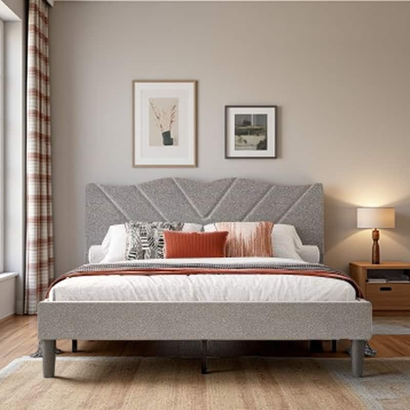 Queen Size Upholstered Bed Frame with Wooden Slats, Padded Headboard, Heavy-Duty Support, No Box Spring Required