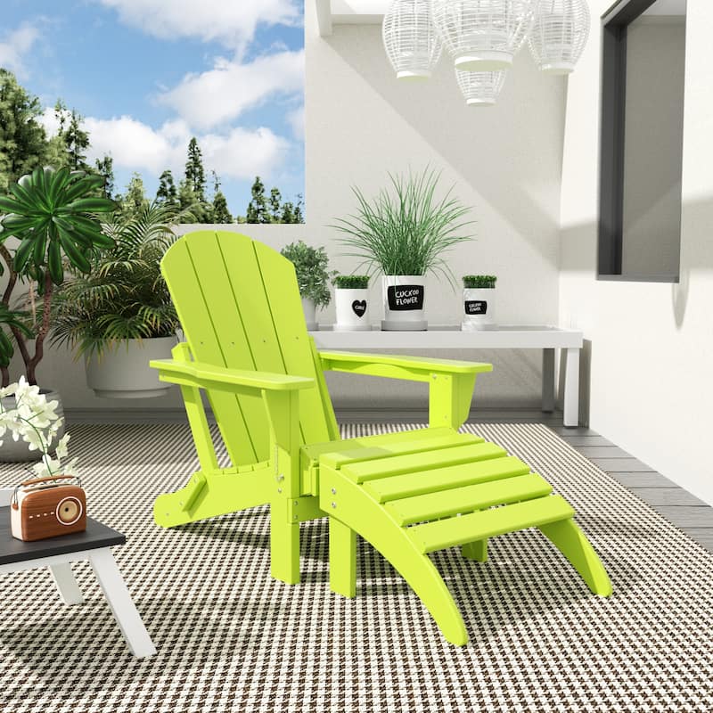 Polytrends Laguna Hdpe All Weather Outdoor Patio Foldable Adirondack Chair With Ottoman (2-Piece Set) - Lime