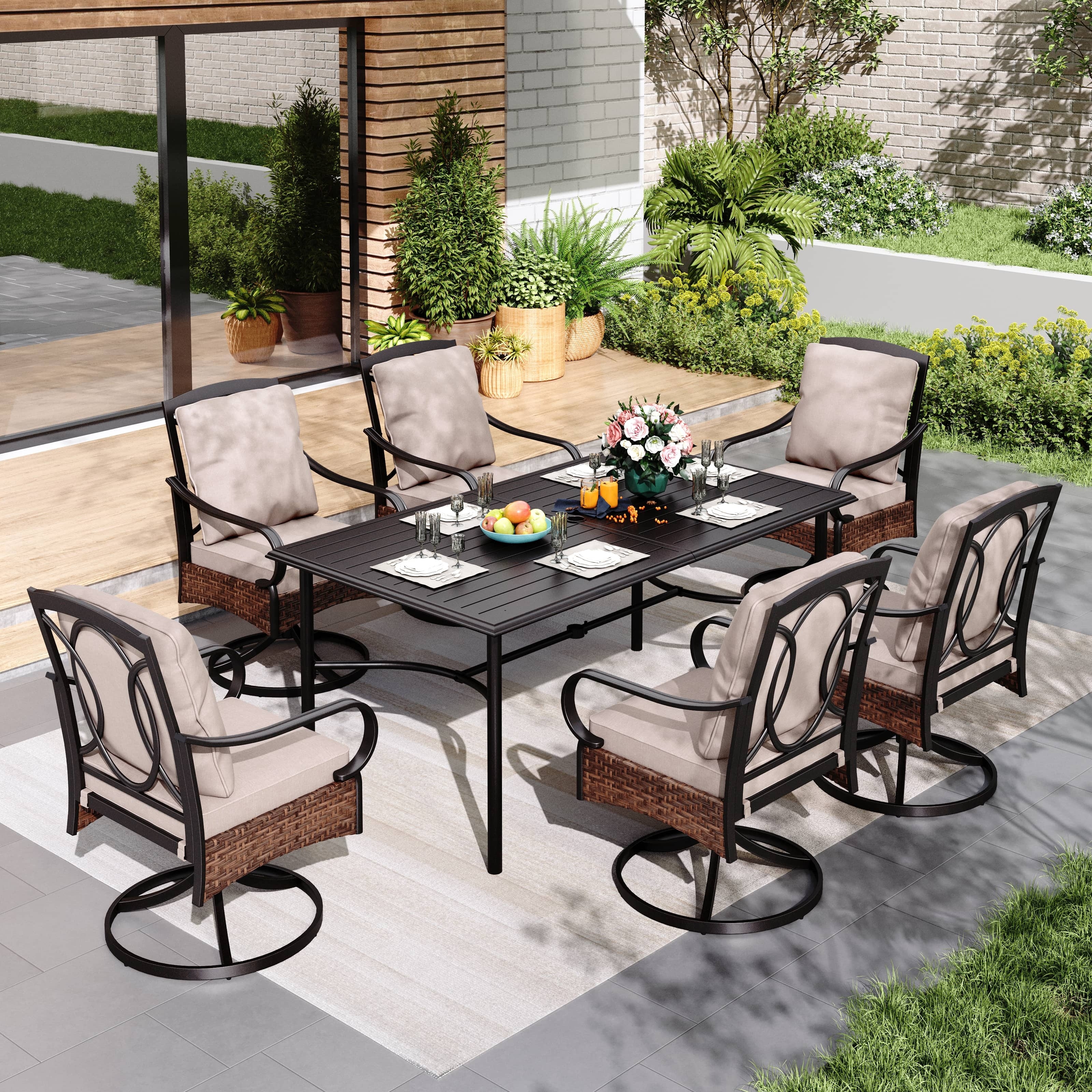 MAISON ARTS 7 Pieces Patio Dining Set with Metal Rectangular Dining Table and Swivel Chairs