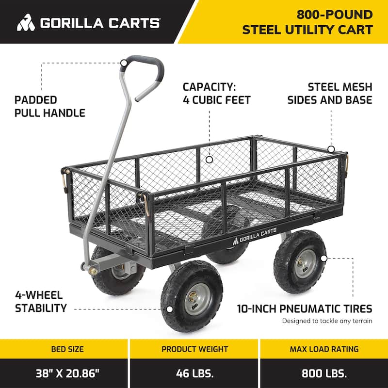 Gorilla Carts Steel Utility Cart Garden Beach Wagon, 800 Pound Capacity, Gray - 46