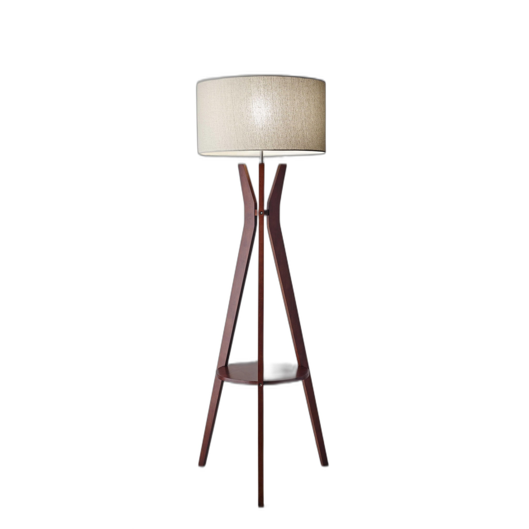 Brown Solid Wood Tripod Floor Lamp with White Fabric Drum Shade Rotary Switch - 20” x 20” x 59.5” (D x W x H)