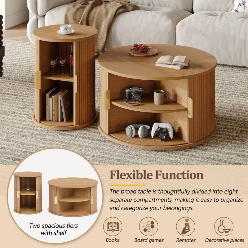 2-Piece Mid-Century Round Coffee Table Set with Sliding Doors and Storage for Stylish Living Room Organization