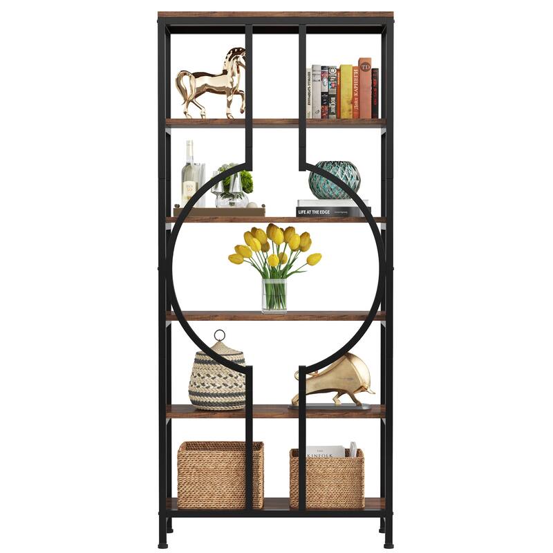 70.9"H x 27.6"W Industrial Geometric Bookcase, 6-Tier Tall Bookshelf, Wood Display Shelf Storage Shelves