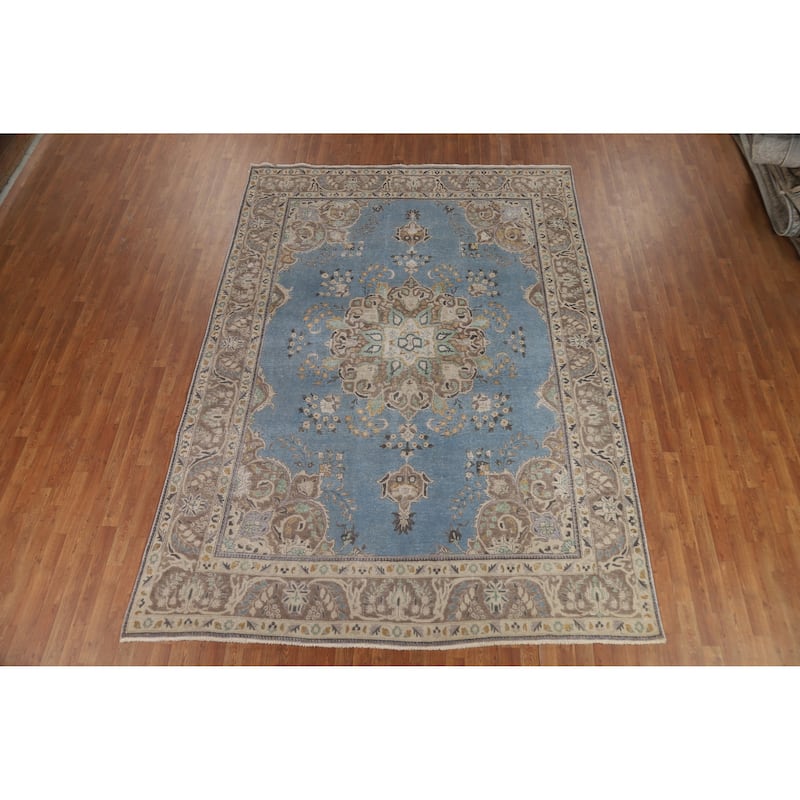 Blue Tabriz Persian Vintage Area Rug Handmade Bedroom Wool Carpet - 8'1" x 11'4"