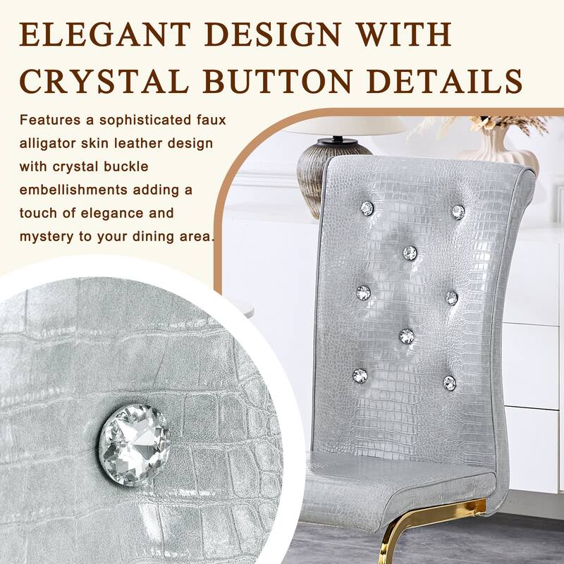 Set of 2, Retro Faux Alligator Skin Upholstered Dining Chairs, with Crystal Buckle Design and Faux Leather Design