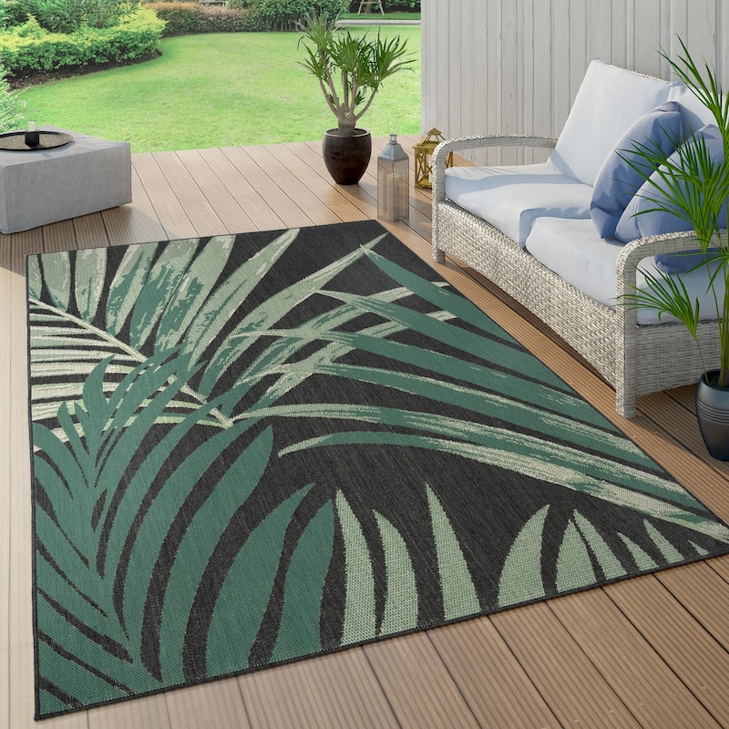 Tropical Outdoor Rug Palm Tree & Jungle Design Flatweave - 3'11" x 5'7" - black