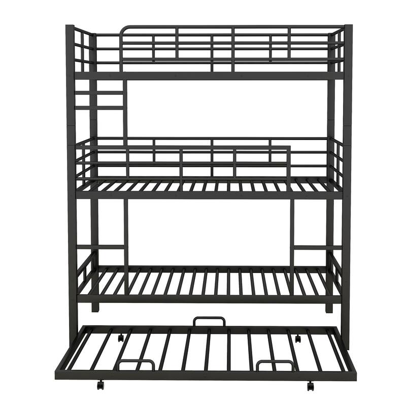 Twin Size Triple Bunk Bed with Trundle, Black, Heavy Duty Metal Construction