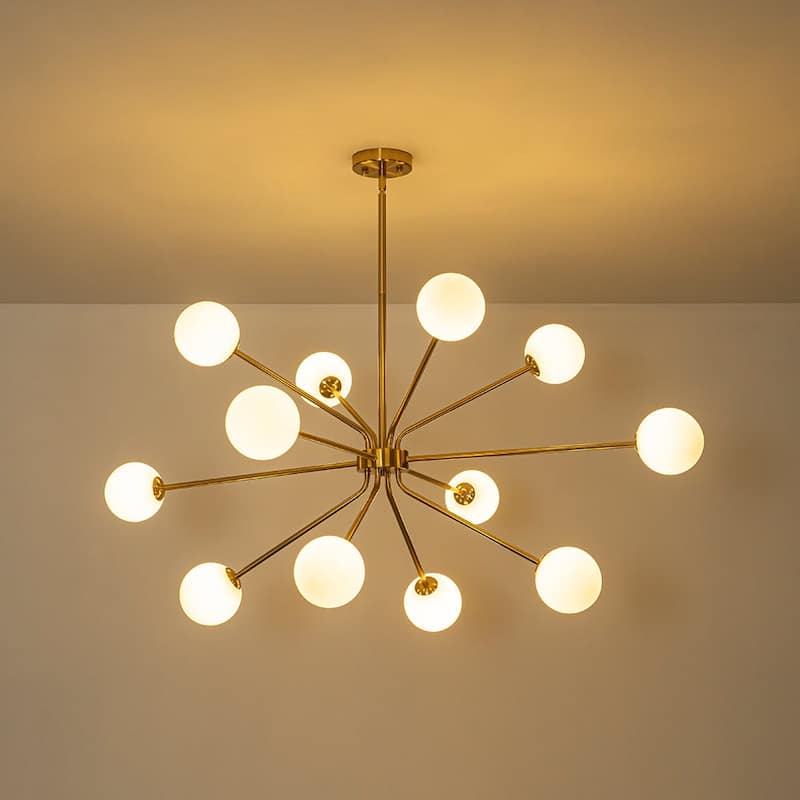 Mid-Century Linear Milky Glass Globe Bubble Sputnik Chandelier