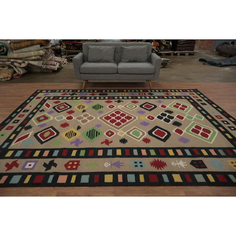 Hand Woven Oriental 100% Wool Carpet Southwestern Tribal Brown Kilim Area Rug - 10' 5'' X 8' 6''