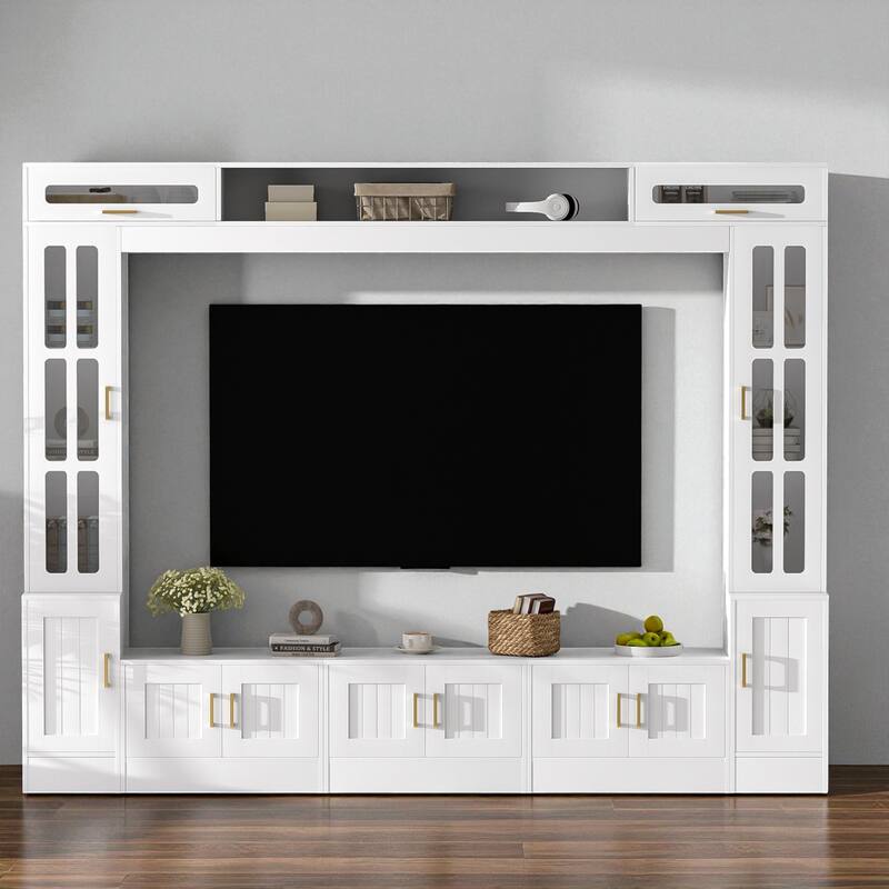 98.4'' Wall Unit Entertainment Center for TVs up to 80'', Modern Media Console with Bookshelves, Glass Doors & Cabinets - White