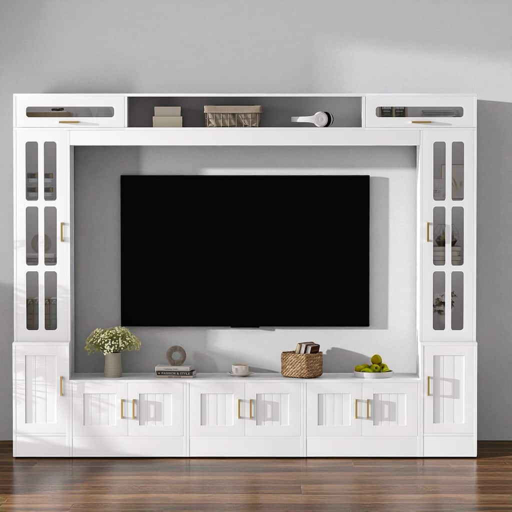 98.4'' Wall Unit Entertainment Center for TVs up to 80'', Modern Media Console with Bookshelves, Glass Doors & Cabinets