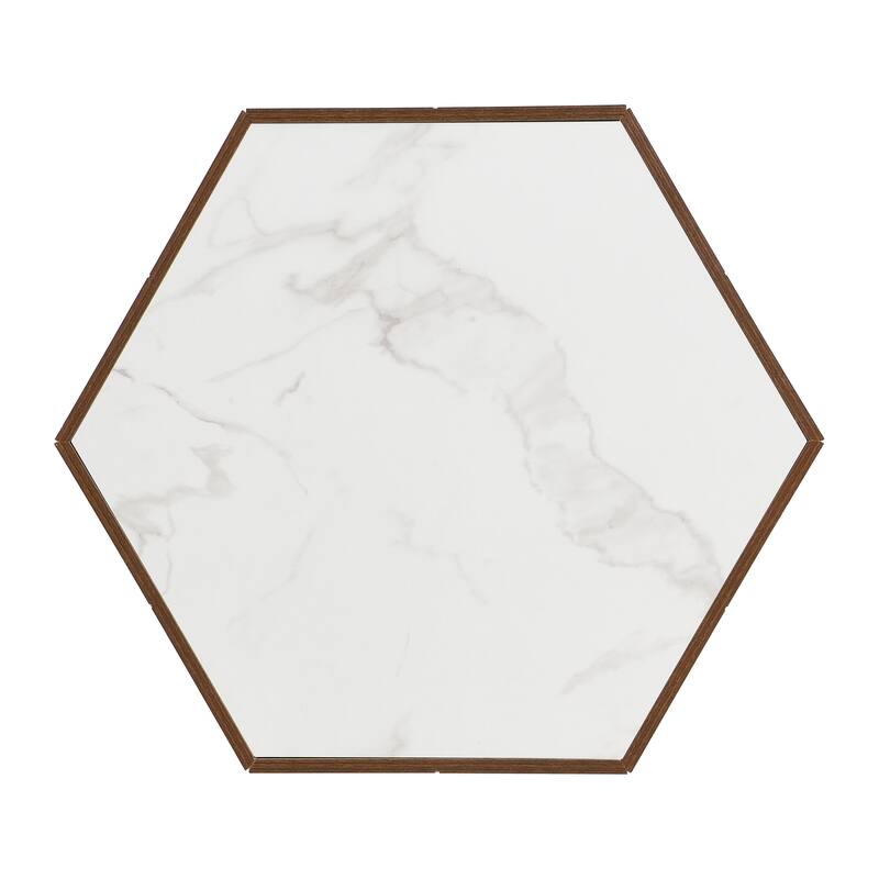 Hexagonal Rustic Retro Wood Coffee Table, with 2 Hidden Drawers, Textured White Marble Tops,Walunt Oak Finish - Perfect