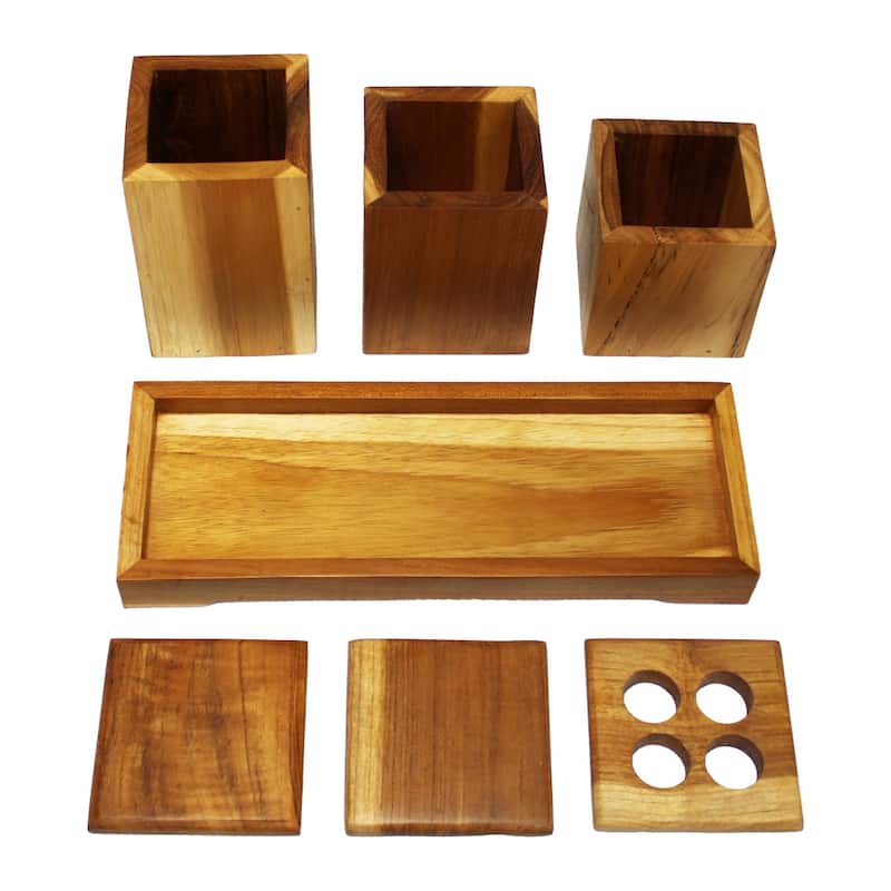 7 Piece Teak Wood Bathroom Amenities Set with Tray