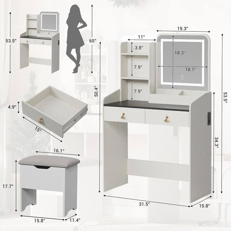 2 Drawers Makeup Vanity Table with LED Light Mirror and Charging Station