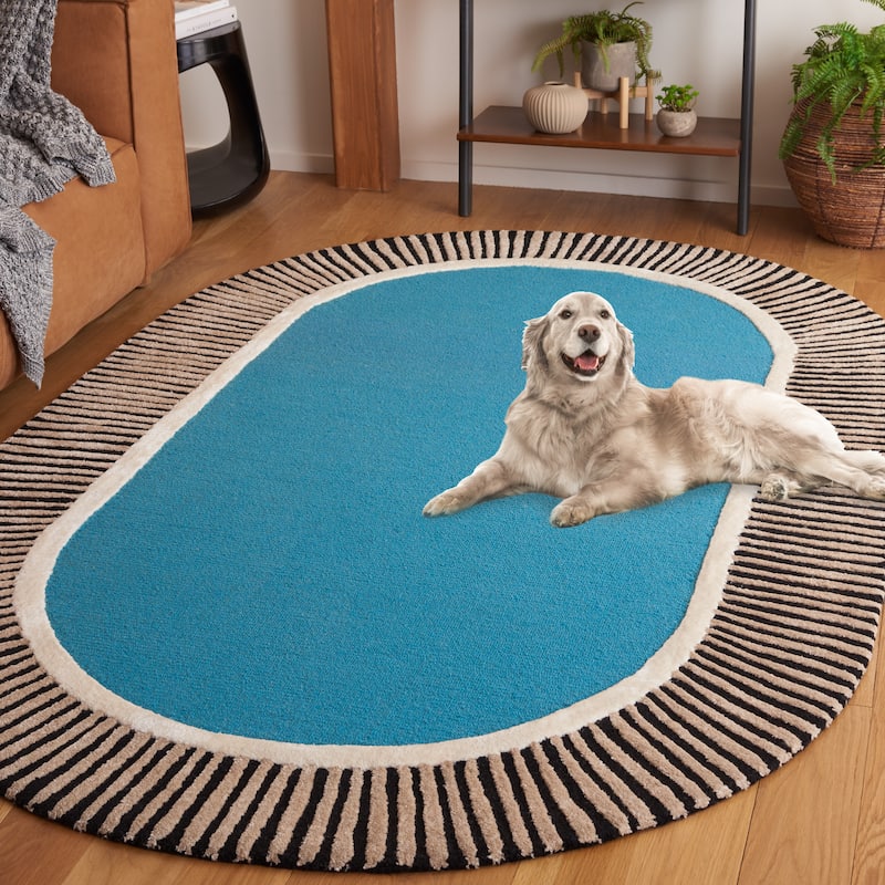 SAFAVIEH Hand-Tufted Fifth Avenue Hermien Mid-Century Modern Wool Rug - 3' x 5' Oval - Blue/Black - Oval
