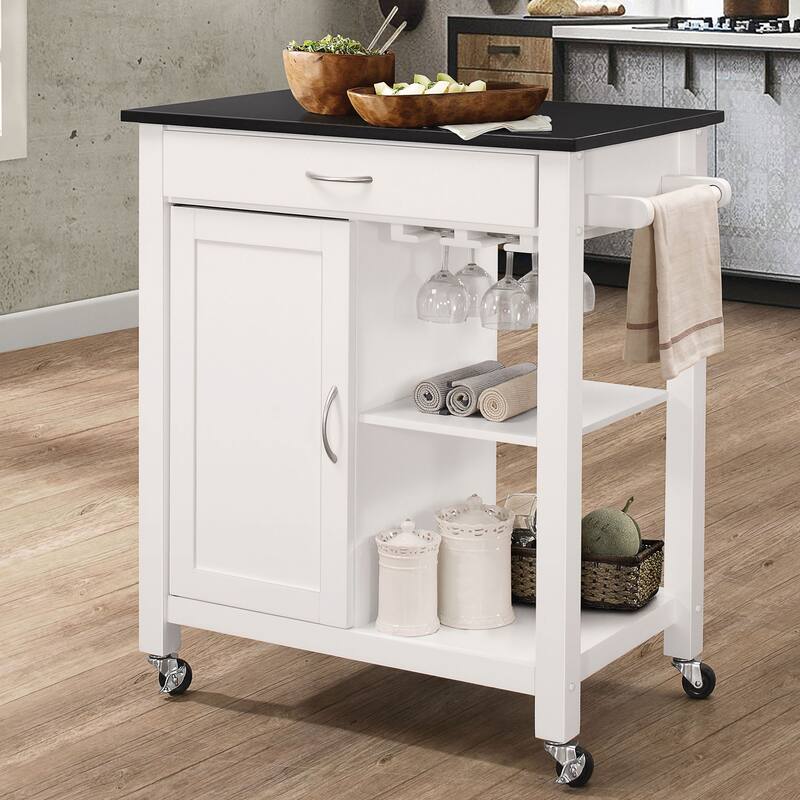 Kitchen Cart with Black Wooden Top, 1 Door, 1 Drawer, 2 Shelves, Stemware Rack & Towel Rack - White