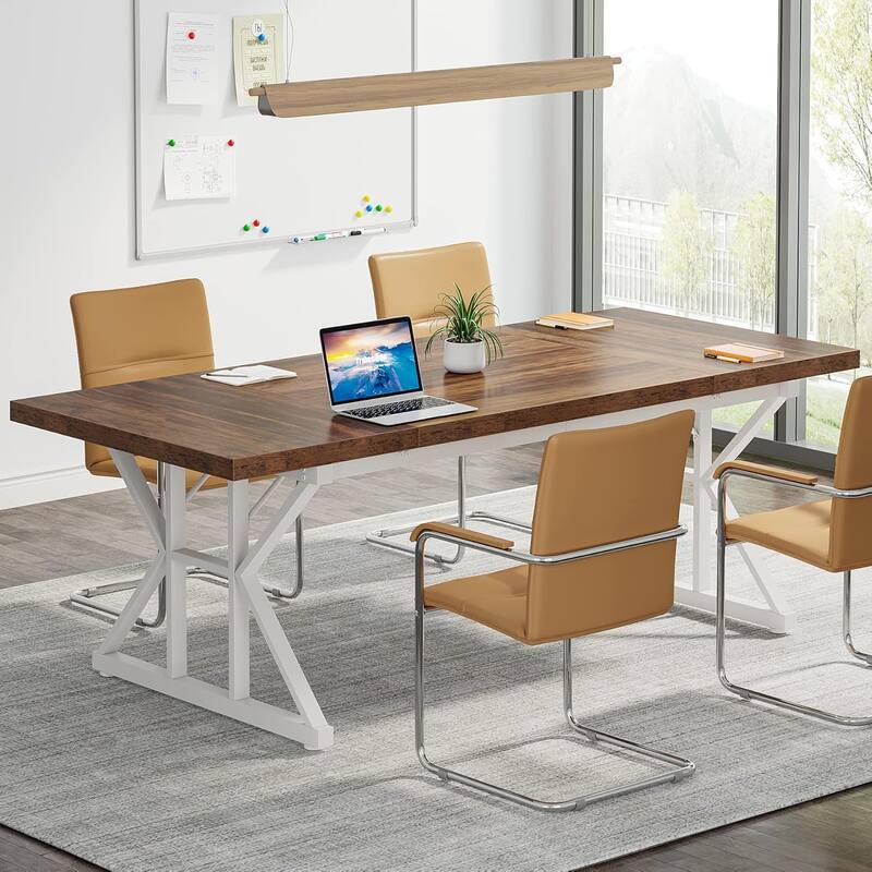 71" Dining Table for 6, Rustic Rectangular Kitchen Table with X-Trestle Metal Legs, Wood Top Dinner Table for Dining Room - Brown+White