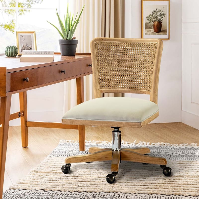 Calcutta Modern Rattan Back Task Chair Office chair with Solid Wood Legs by HULALA HOME - BEIGE