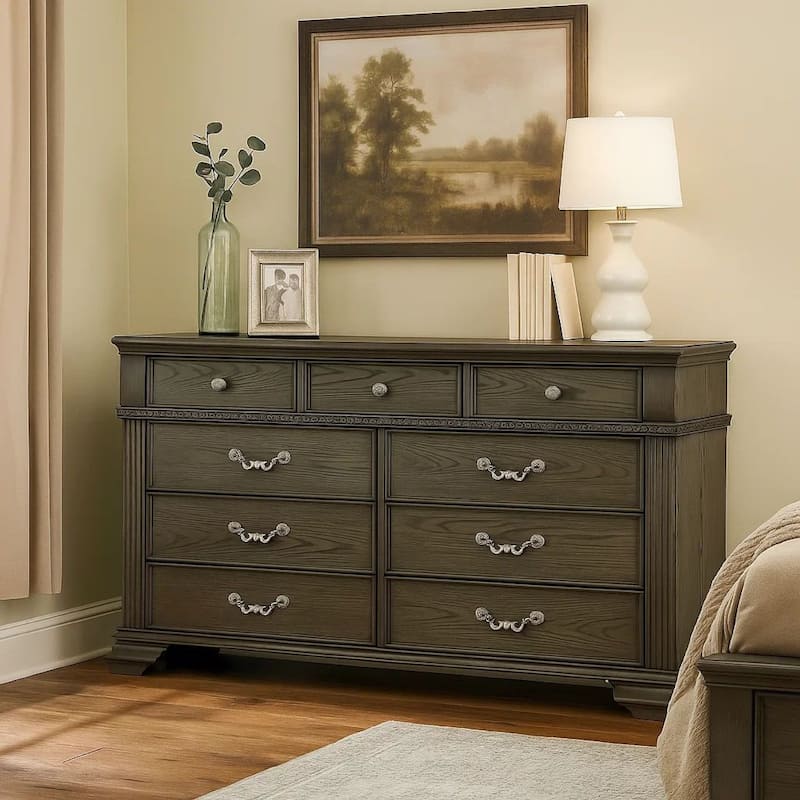 Akia 62 Inch 9 Drawer Wide Dresser Chest, Round Metal Knobs, Smooth Gray