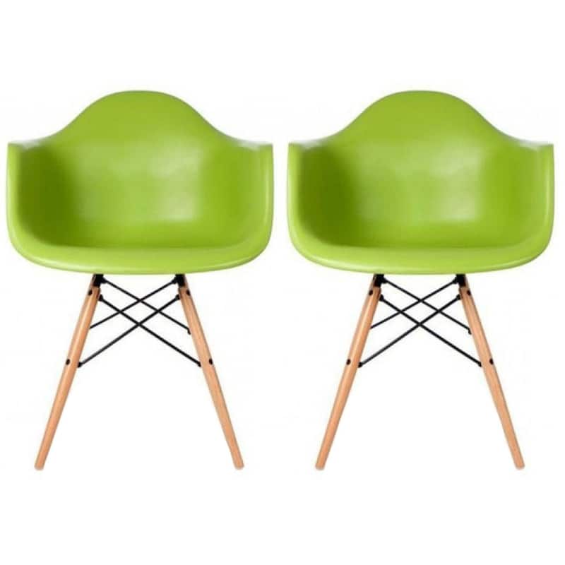 Set of 2 Plastic Accent Modern Designer Dining Chair With Arms Molded Shell Desk Natural Wooden Legs Kitchen Patio - Green