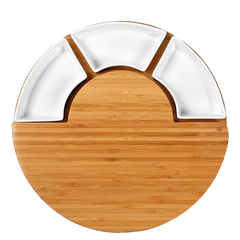 Vaiyer Charcuterie Cheese Cutting Board Set w/ Slide Out Board w 3 Knives, 3 Ceramic Bowls w 2 Slate Labels & Chalk Marker