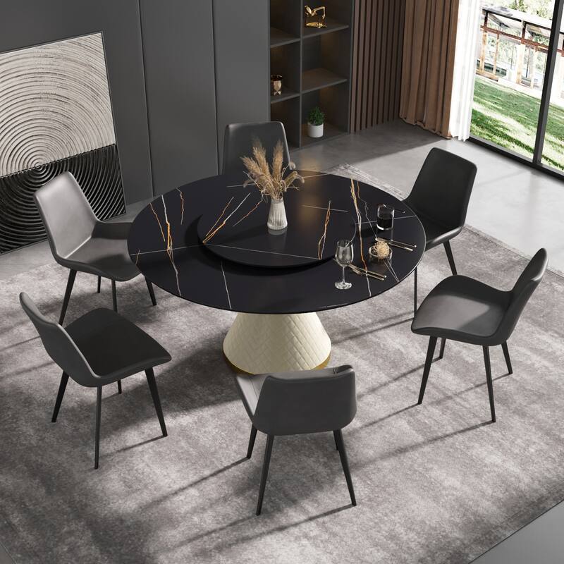 59" Round Dining Table Modern Kitchen Table for 6~8 People - With Lazy Susan - Black&White