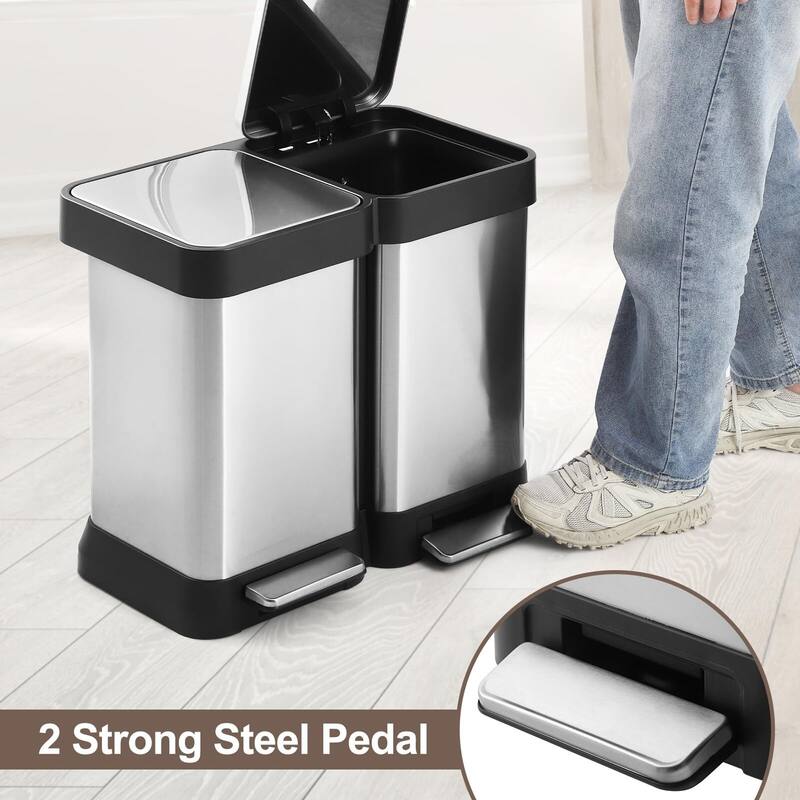 Large Capcity Dual Trash and Recycling Bin, Fingerprint Proof Stainless Steel Kitchen Garbage Can