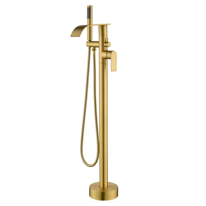 Waterfall Floor Mount Tub Faucet Brushed Gold Modern Single Handle Freestanding Bathtub Filler - Brushed Gold