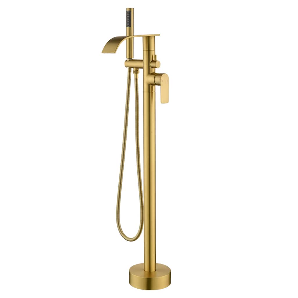 Waterfall Floor Mount Tub Faucet Brushed Gold Modern Single Handle Freestanding Bathtub Filler