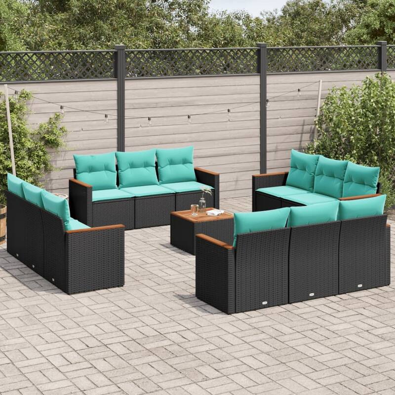 vidaXL Patio Sofa Set with Cushions Outdoor Conversation Furniture Poly Rattan - 21.7x 24.4x 27.2 - Black and Blue-With table