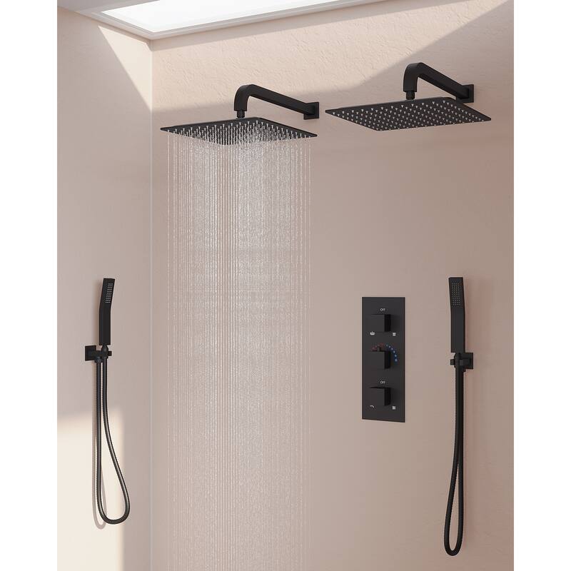 GRANDJOY 12 inch Wall Mounted Dual Shower Heads with Handheld Spray Combo Thermostatic High Pressure Shower System - Matte Black