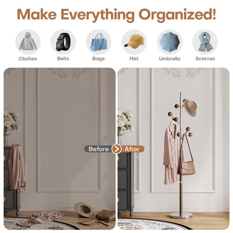 Coat Rack Freestanding, Metal Coat Tree with 8 or 9 Hooks and Heavy Duty Marble Base - 71.26”H x 14.96”W