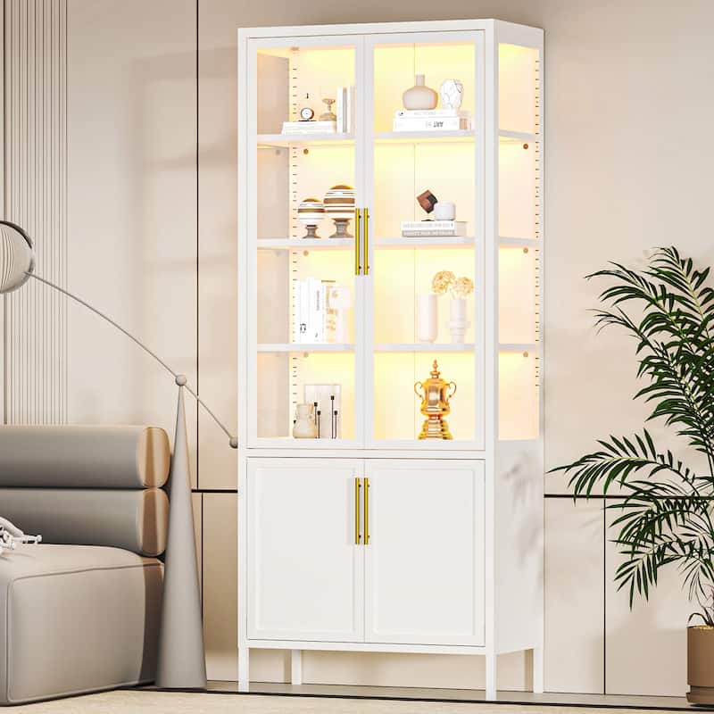 6-Tier Tempered Glass Curio Display Cabinet with 4 Doors, Adjustable Shelves, 13 Color Lights - White