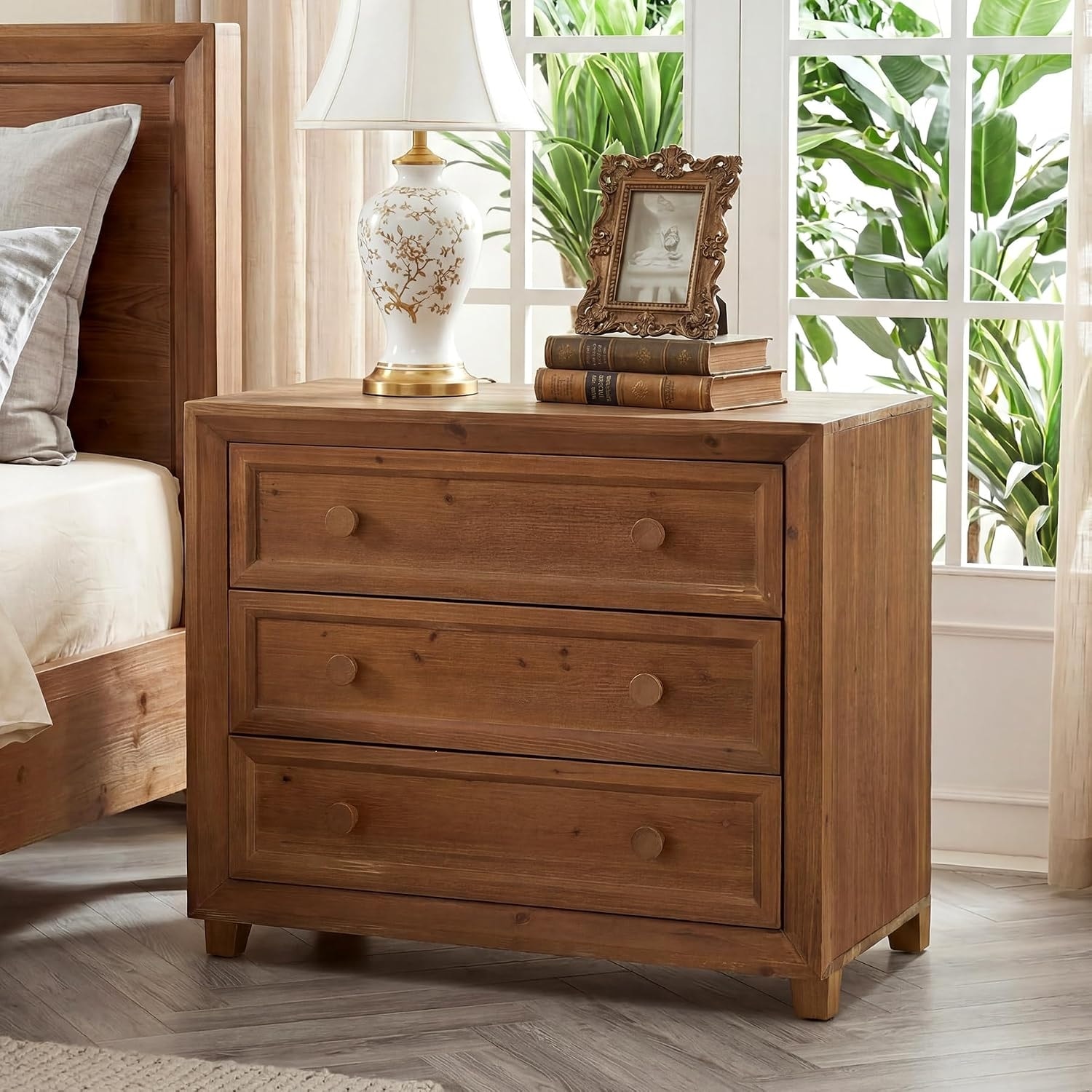 Solid Wood 3-Drawer Nightstand, 31.5” Wide Bedside Table