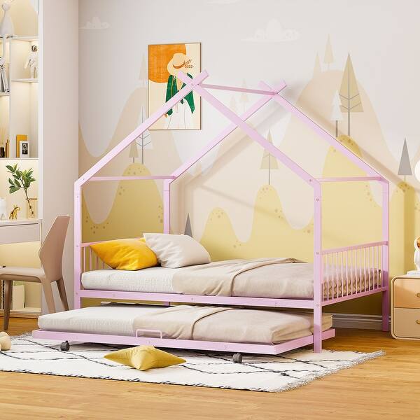 slide 2 of 9, Twin Size Metal House Bed with Twin Size Trundle and Sturdy and Durable,Easy Assembly Pink