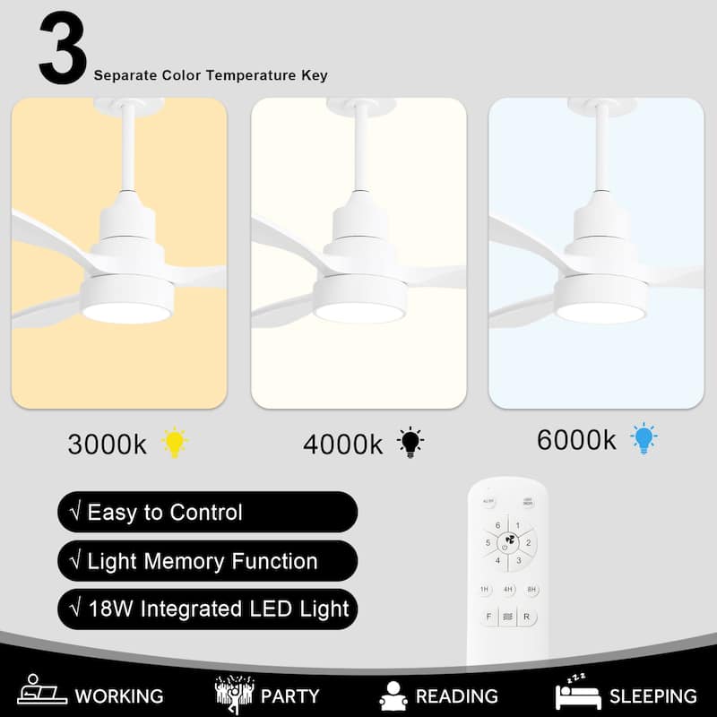 48" and 52" Integrated LED Ceiling Fan with Light and Remote, Reversible DC Motor