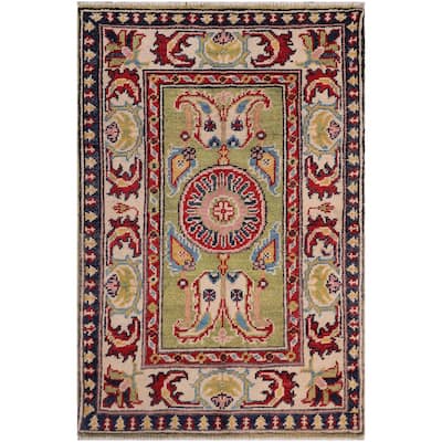 Southwestern Kazak Johnny Green/Beige Wool Rug - 2'0'' x 3'0''