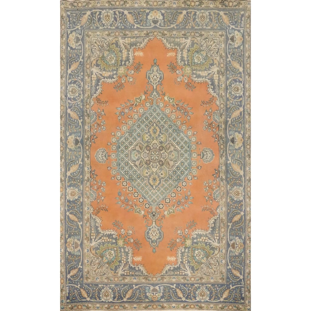 Hand Knotted Oriental 100% Wool Carpet Traditional Floral Oranges & Rust Tabriz Area Rug - 10' 3'' X 7' 0''