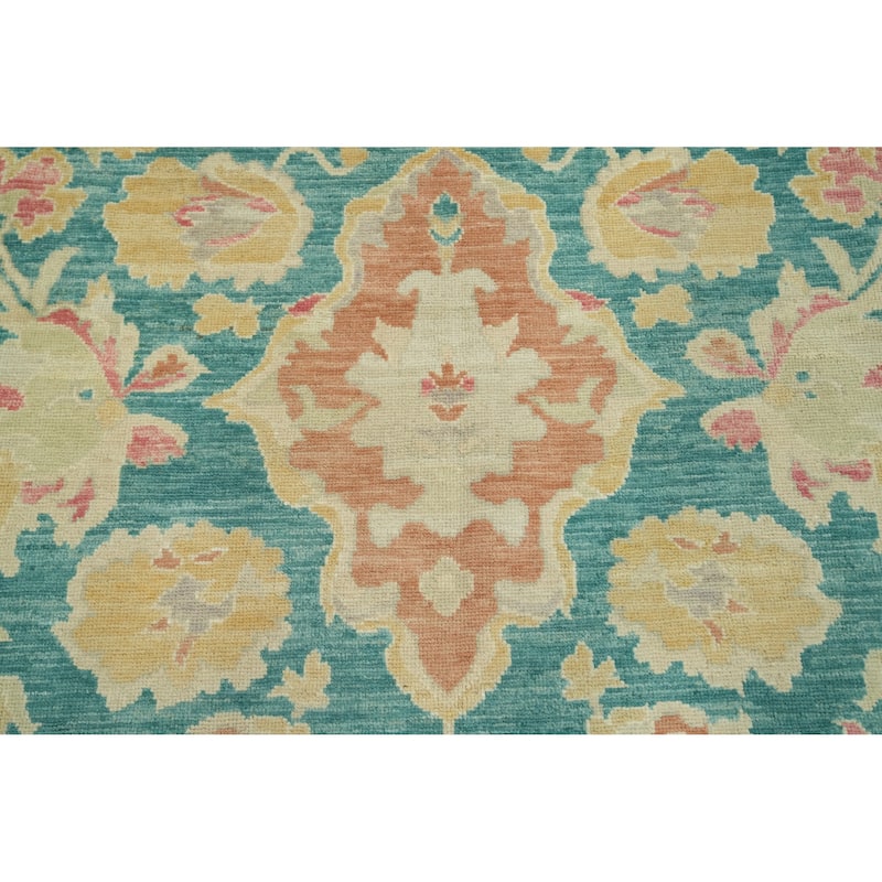 Vegetable Dye Wool Oushak Turkish Area Rug, Floral Geometric Carpet - 12' 10'' X 6' 11''