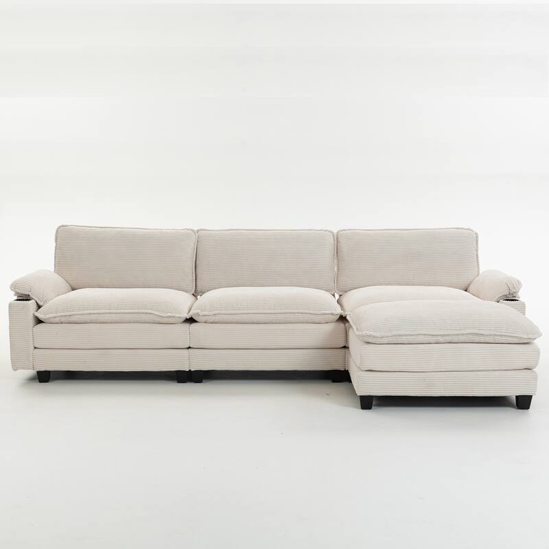 L-Shaped Modular Sectional Sofa with Ottoman, Oversized Corduroy Upholstered Cloud Couch with Cup Holders & Side Pockets