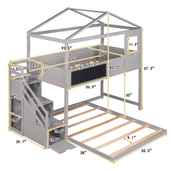 Kids Wood Twin Over Full House Bunk Bed with Guardrail & Window