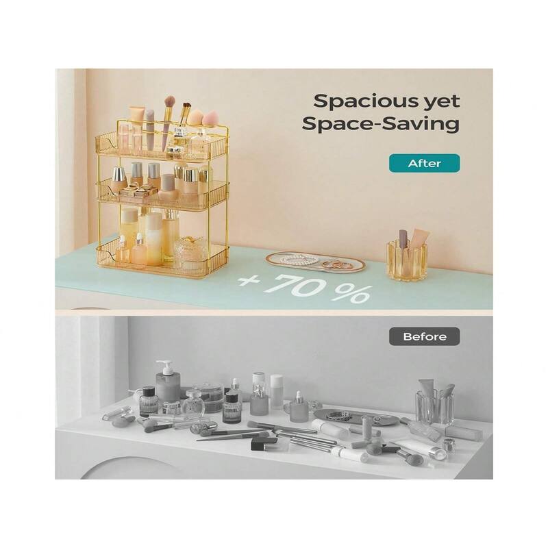 3-Tier Vertical Makeup Storage Organizer with Plated Metal Frame and Handle - 6.6”D x 12”W x 18.9”H