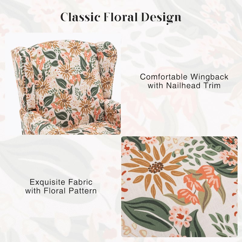 HOMYKA 29'' Wide Floral Pattern Wingback Accent Armchair with Nailhead Trim