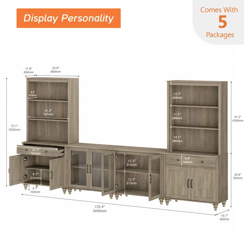 Wash Grey Farmhouse TV Stand with Wooden Doors & Drawers