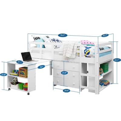 Twin Size Loft Bed with Pull-Out Desk, Storage, Ladder, Guard Rails & Bookcase Shelf - Wooden Kids Loft Bed