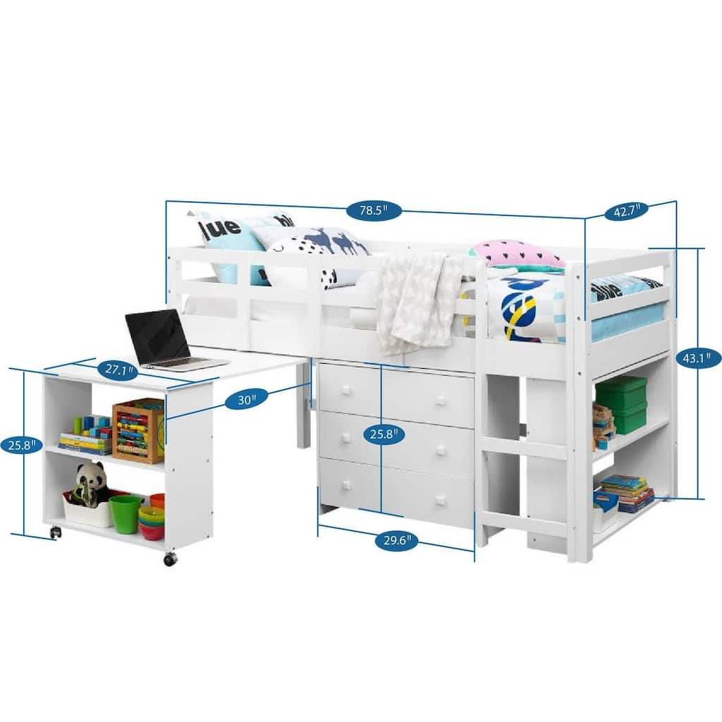 Twin Size Loft Bed with Pull-Out Desk, Storage, Ladder, Guard Rails & Bookcase Shelf - Wooden Kids Loft Bed